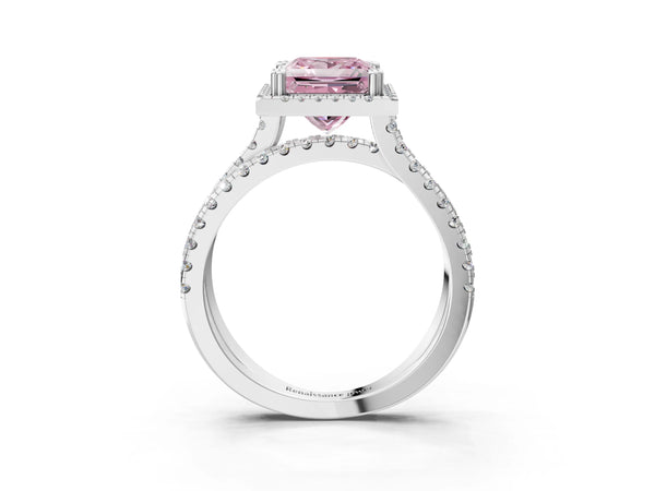 Platinum Fancy Pink Princess  Halo Split Shank Diamond Ring with Pavé Setting
