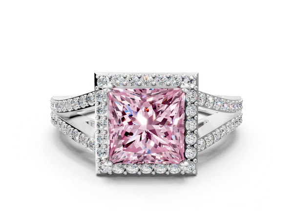 Platinum Fancy Pink Princess  Halo Split Shank Diamond Ring with Prong Setting