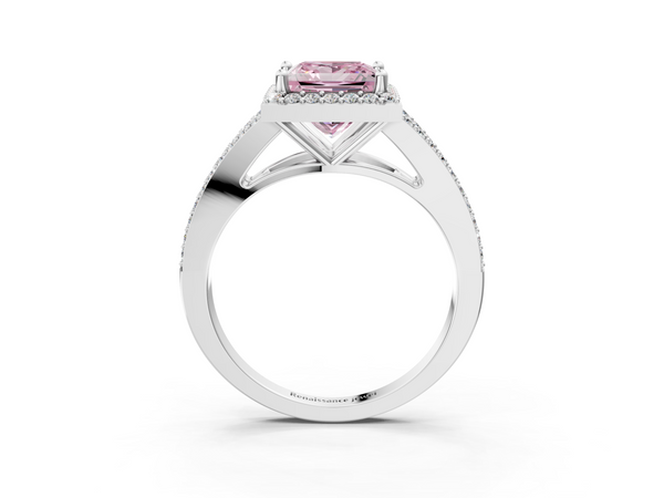Platinum Fancy Pink Princess  Halo Split Shank Diamond Ring with Prong Setting