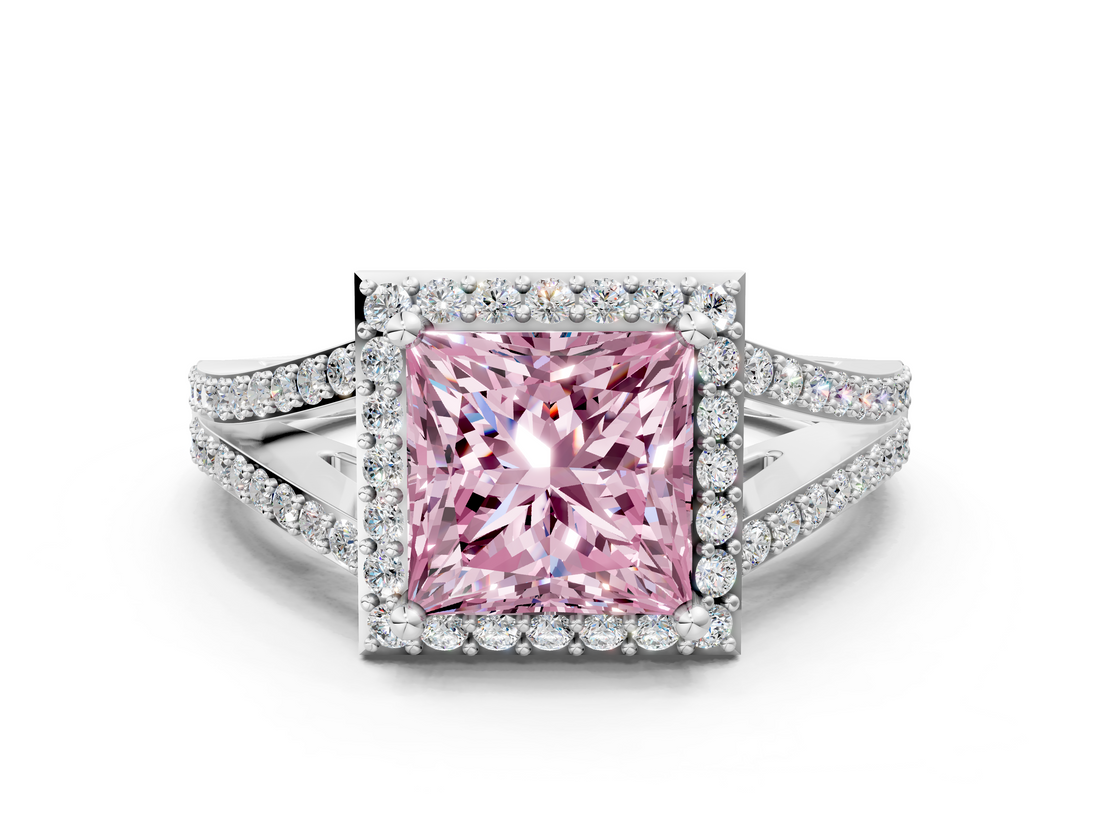 White gold Fancy Pink Princess  Halo Split Shank Diamond Ring with Prong Setting
