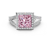 White gold Fancy Pink Princess  Halo Split Shank Diamond Ring with Prong Setting