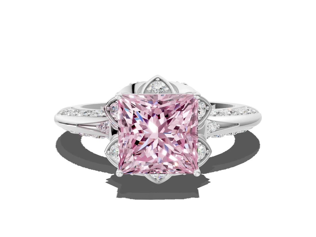 White gold Fancy Pink Princess  Halo Split Shank Pave Diamond Ring with Petal Prong Setting_32
