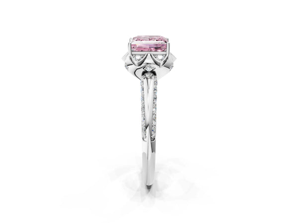 White gold Fancy Pink Princess  Halo Split Shank Pave Diamond Ring with Petal Prong Setting