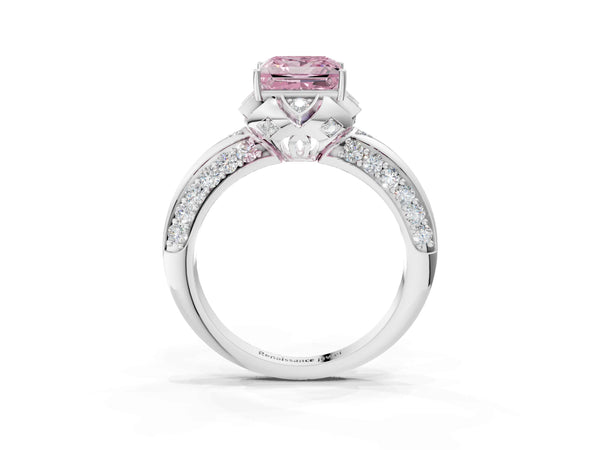 White gold Fancy Pink Princess  Halo Split Shank Pave Diamond Ring with Petal Prong Setting