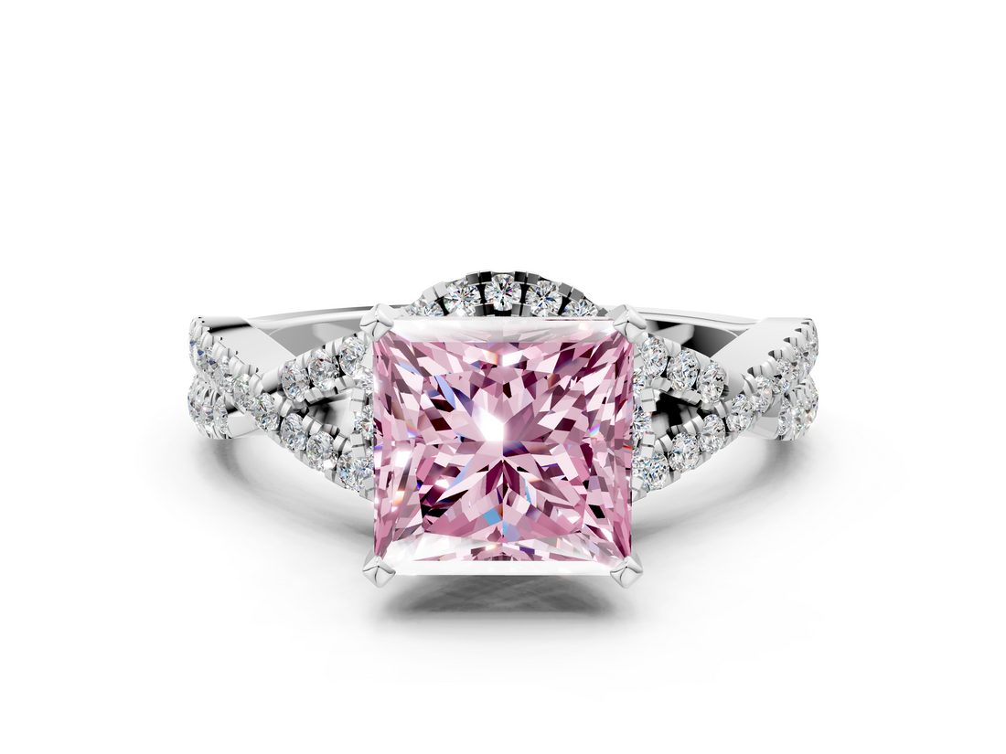 White gold Fancy Pink Princess  Halo Twist Band Solitaire Prong Setting Ring