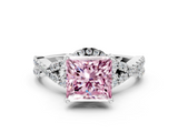 White gold Fancy Pink Princess  Halo Twist Band Solitaire Prong Setting Ring