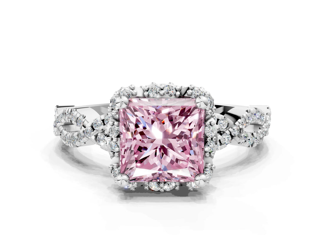 White gold Fancy Pink Princess  Halo Twist Band Solitaire Ring with Six-Prong Setting_32