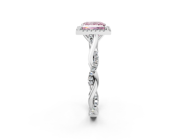 White gold Fancy Pink Princess  Halo Twist Band Solitaire Ring
