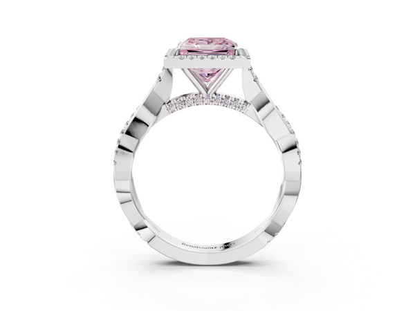 White gold Fancy Pink Princess  Halo Twist Band Solitaire Ring