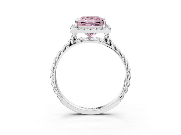 Platinum Fancy Pink Princess  Halo Twisted Band Four-Prong Diamond Ring
