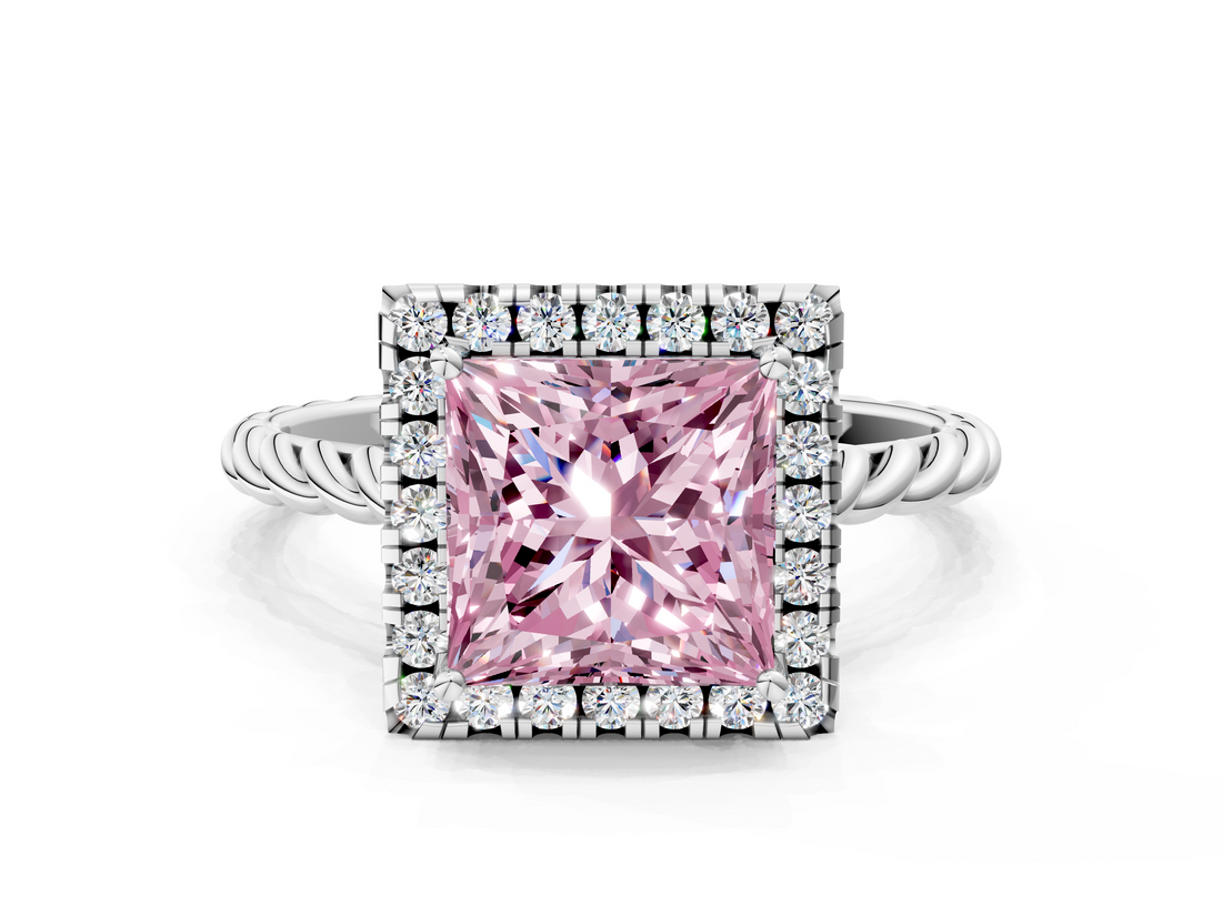 White gold Fancy Pink Princess  Halo Twisted Band Four-Prong Diamond Ring