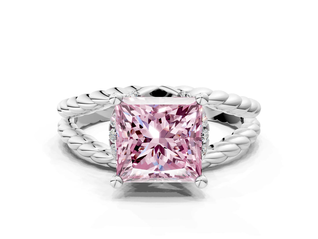 White gold Fancy Pink Princess  Halo Twisted Band Four-Prong Ring_32