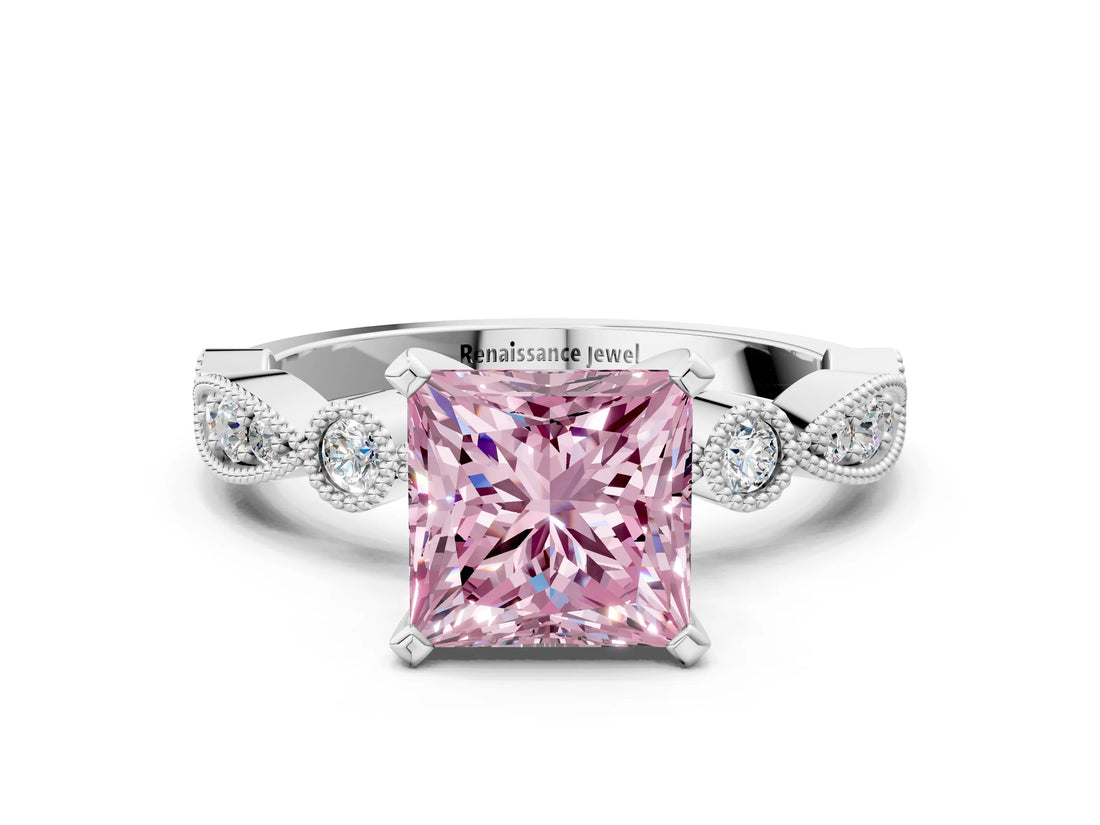 White gold Fancy Pink Princess  Milgrain Bezel Diamond Engagement Ring with Solitaire Prong Setting_29