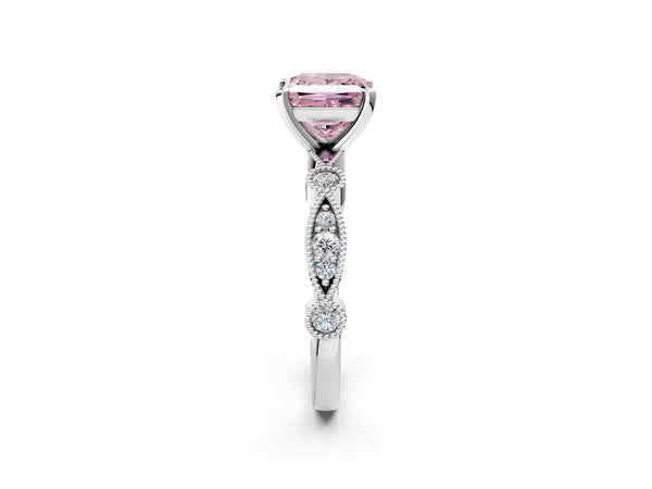 Platinum Princess Cut Milgrain Bezel Engagement Ring Setting for Fancy Pink Center