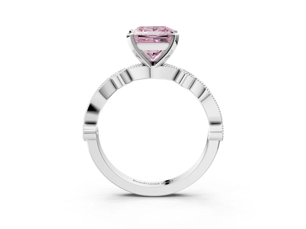 Platinum Princess Cut Milgrain Bezel Engagement Ring Setting for Fancy Pink Center