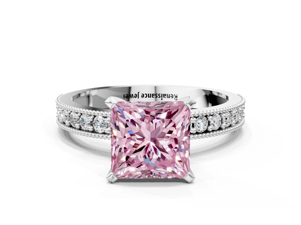 Platinum Fancy Pink Princess Cut Diamond Milgrain Pavé Engagement Ring with Four-Prong Setting