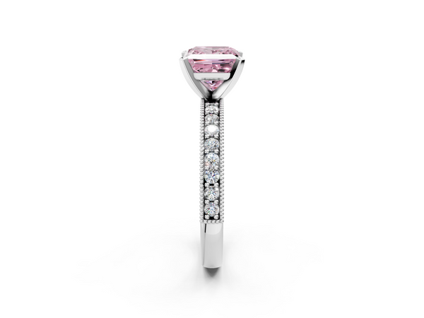 Platinum Fancy Pink Princess Cut Diamond Milgrain Pavé Engagement Ring with Four-Prong Setting