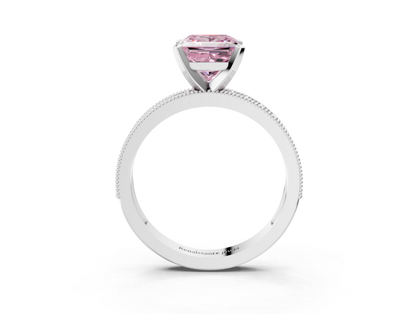 Platinum Fancy Pink Princess Cut Diamond Milgrain Pavé Engagement Ring with Four-Prong Setting