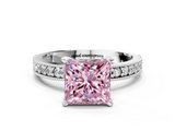 White gold Fancy Pink Princess  Milgrain Pave Diamond Engagement Ring with Four-Prong Setting