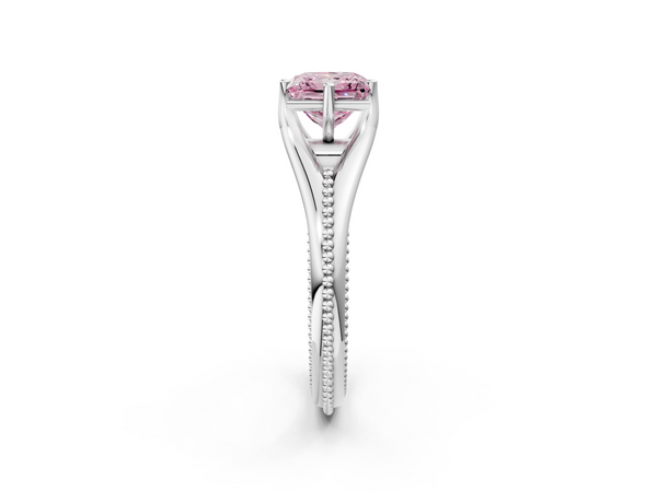 White gold Fancy Pink Princess  Solitaire Beaded Band Six-Prong Setting