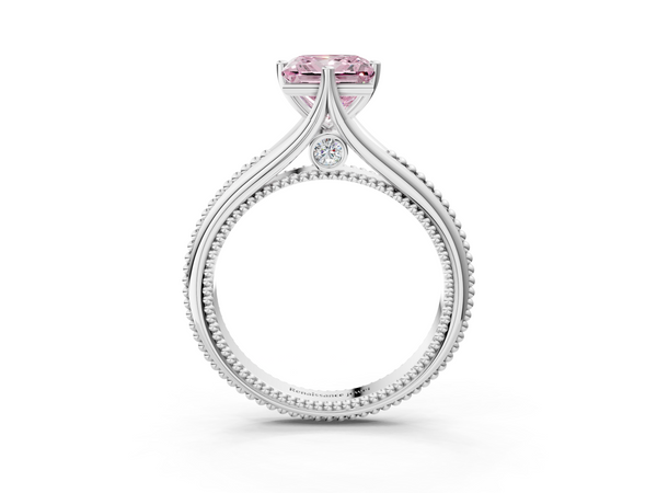 White gold Fancy Pink Princess  Solitaire Beaded Band Six-Prong Setting