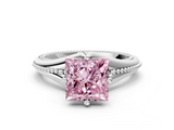 White gold Fancy Pink Princess  Solitaire Beaded Band Six-Prong Setting