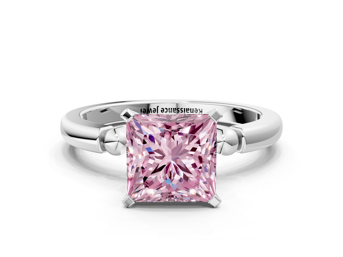 White gold Fancy Pink Princess  Solitaire Beaded Band with Four-Prong Setting