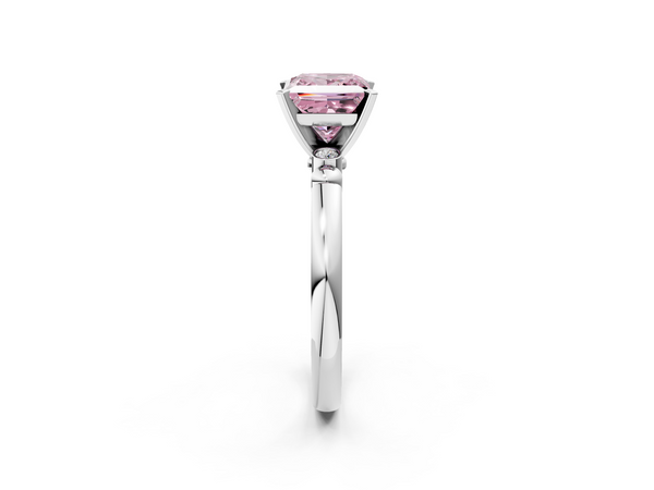 White gold Fancy Pink Princess  Solitaire Beaded Band with Four-Prong Setting