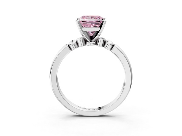 White gold Fancy Pink Princess  Solitaire Beaded Band with Four-Prong Setting