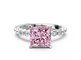 White gold Fancy Pink Princess  Solitaire Bezel Accent Diamond Engagement Ring with Beaded Band and Four-Prong Setting