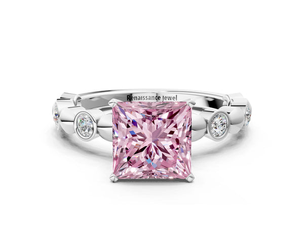 Platinum Princess Cut Engagement Ring Setting for Fancy Pink Center with Bezel Station Beaded Band