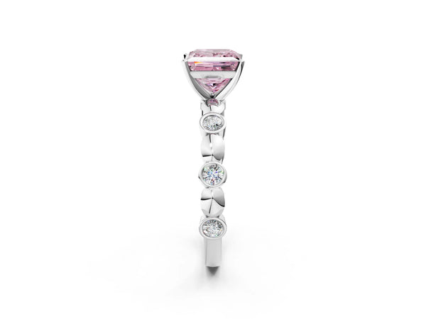 Platinum Princess Cut Engagement Ring Setting for Fancy Pink Center with Bezel Station Beaded Band