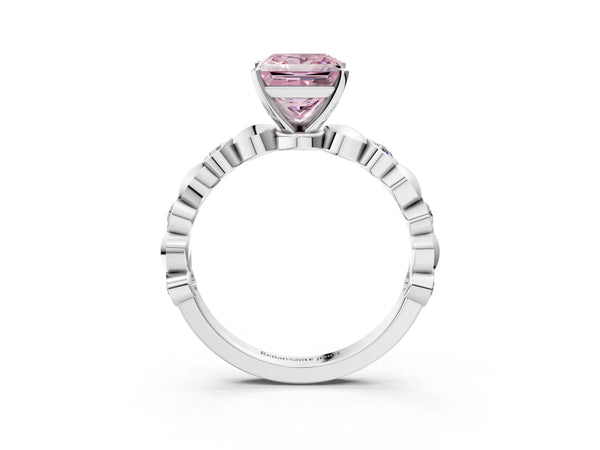 Platinum Princess Cut Engagement Ring Setting for Fancy Pink Center with Bezel Station Beaded Band