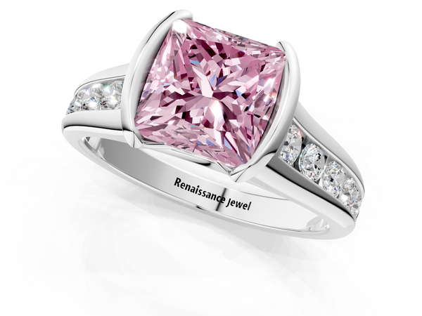 Platinum Princess Cut Half Bezel Engagement Ring Setting for Fancy Pink Center