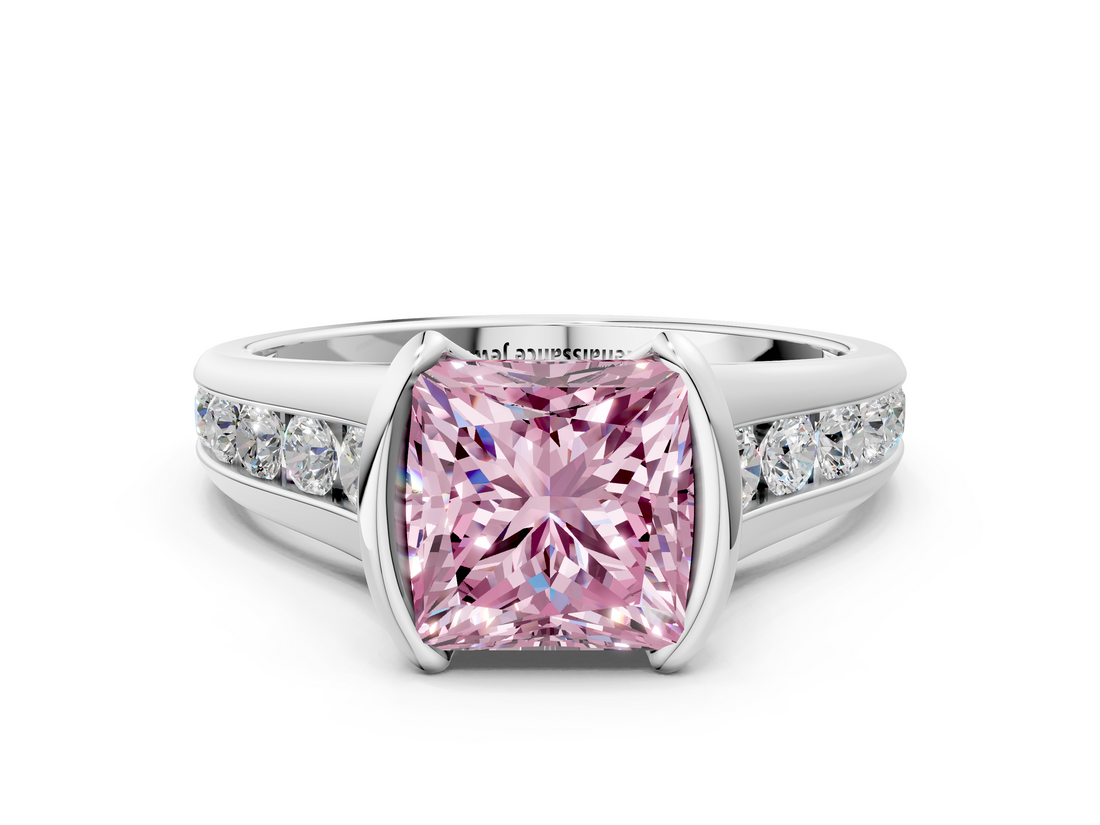 White gold Fancy Pink Princess  Solitaire Bezel-Set Diamond Ring with Channel-Set Band