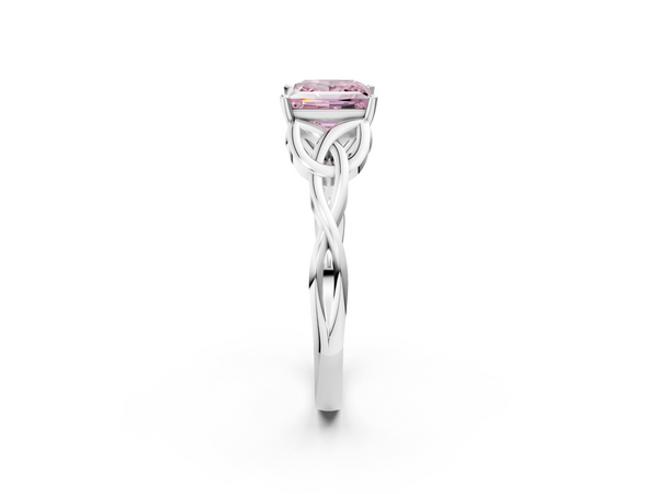 Platinum Fancy Pink Princess Cut Diamond Solitaire Engagement Ring with Celtic Knot Band and Four-Prong Setting