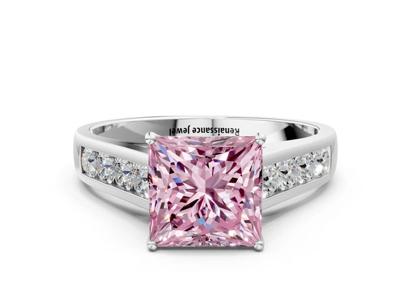 Platinum Fancy Pink Princess  Solitaire Channel-Set Diamond Engagement Ring with Four-Prong Setting