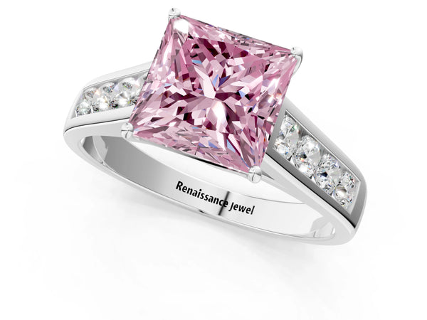 Platinum Fancy Pink Princess  Solitaire Channel-Set Diamond Engagement Ring with Four-Prong Setting