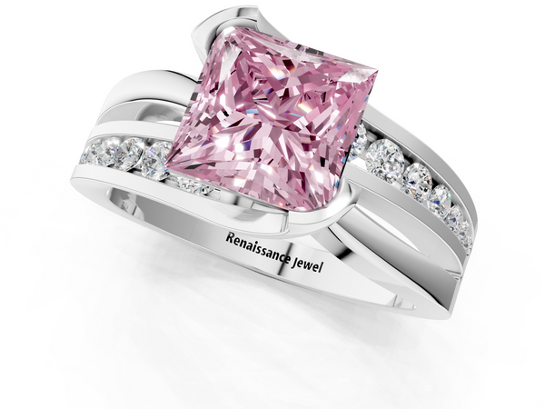 White gold Fancy Pink Princess  Solitaire Channel-Set Split Shank Ring with Tension Prong Setting
