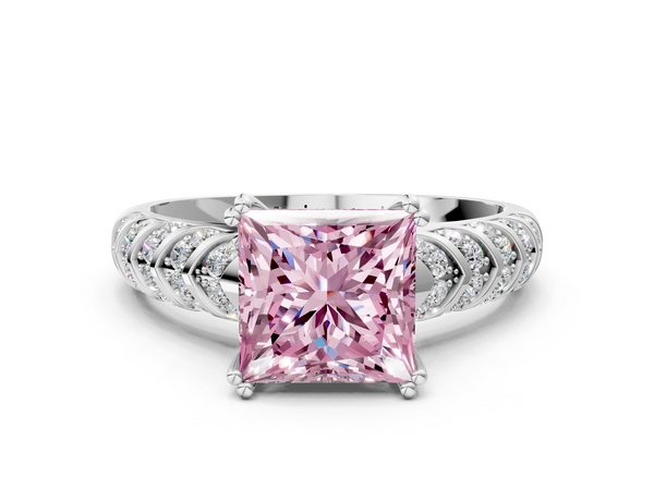 Platinum Princess Cut Chevron Pave Solitaire Engagement Ring Setting for Fancy Pink Center