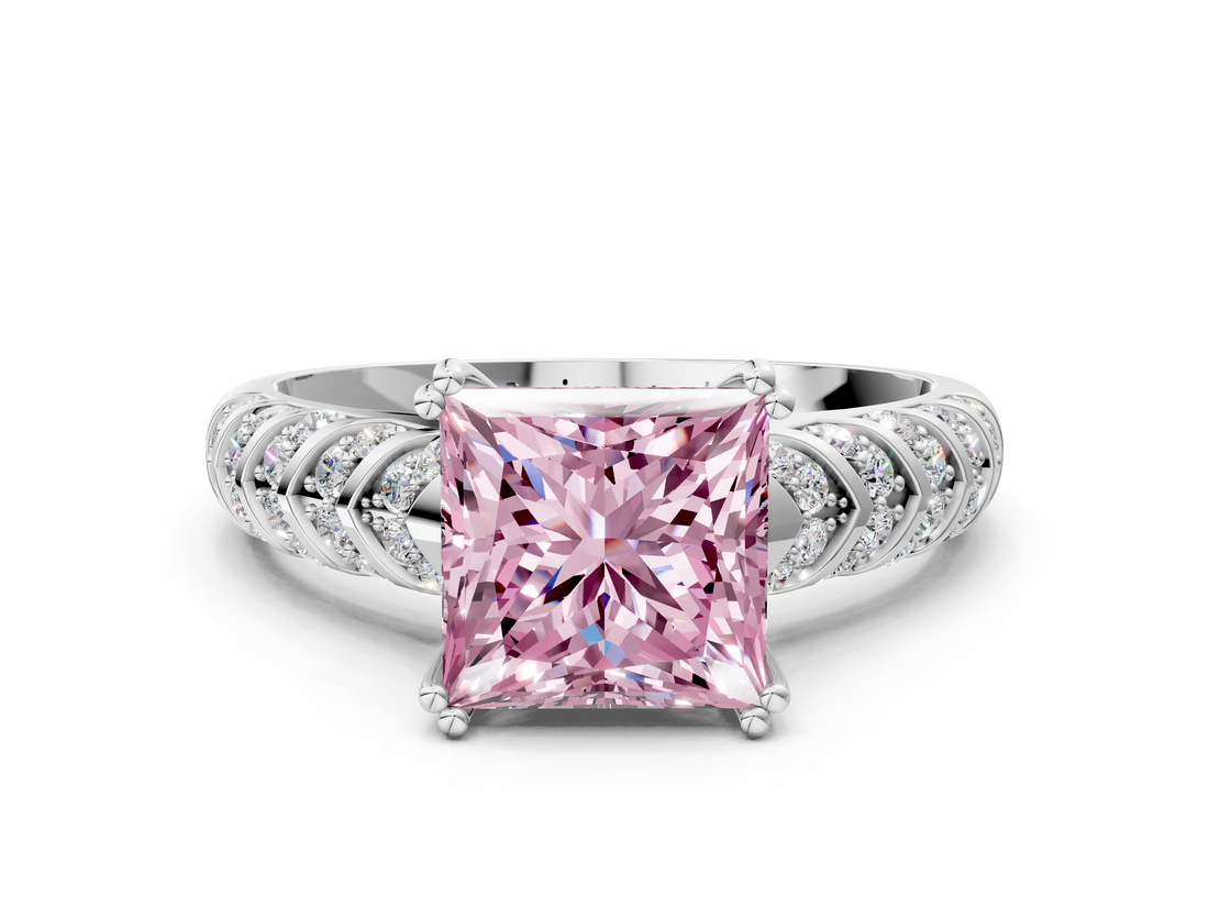 White gold Fancy Pink Princess  Solitaire Chevron Pave Diamond Engagement Ring with Six-Prong Setting