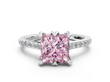 White gold Fancy Pink Princess  Solitaire Diamond Engagement Ring with Pave Band and Six-Prong Setting