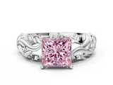 White gold Fancy Pink Princess  Solitaire Diamond Leaf Vine Band with Prong Setting