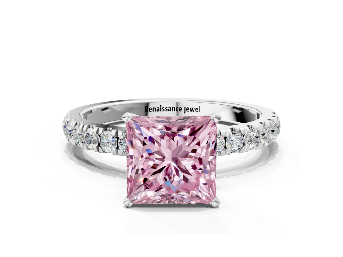 White gold Fancy Pink Princess  Solitaire Diamond Pavé Band with Four-Prong Setting