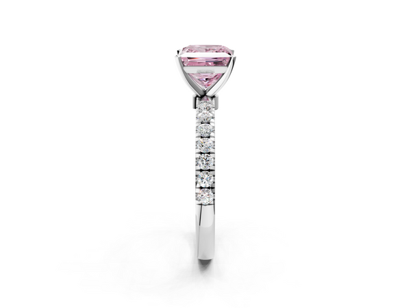 Platinum Fancy Pink Princess Cut Diamond Solitaire Ring with Pavé Accents and Four-Prong Setting