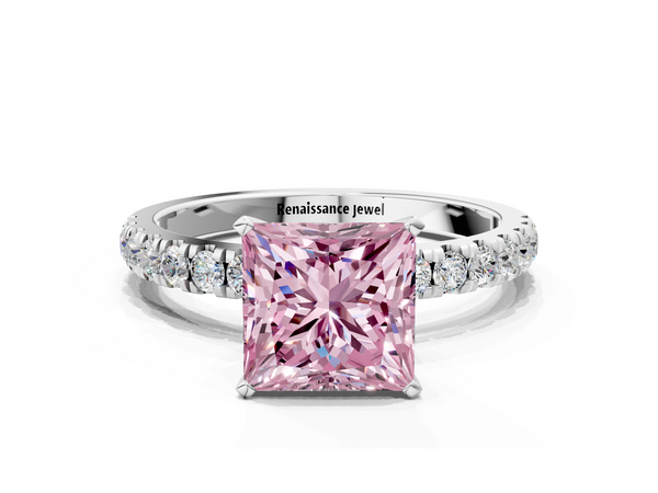 Platinum Fancy Pink Princess Cut Diamond Solitaire Ring with Pavé Accents and Four-Prong Setting