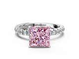 White gold Fancy Pink Princess  Solitaire Diamond Pavé Band with Four-Prong Setting