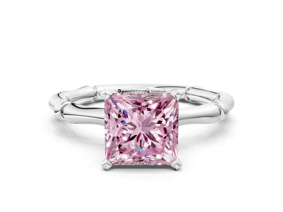White gold Fancy Pink Princess  Solitaire Diamond Ring with Bamboo Band and Four-Prong Setting