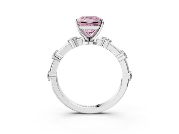 White gold Fancy Pink Princess  Solitaire Diamond Ring with Bezel Set Side Stones and Prong Setting