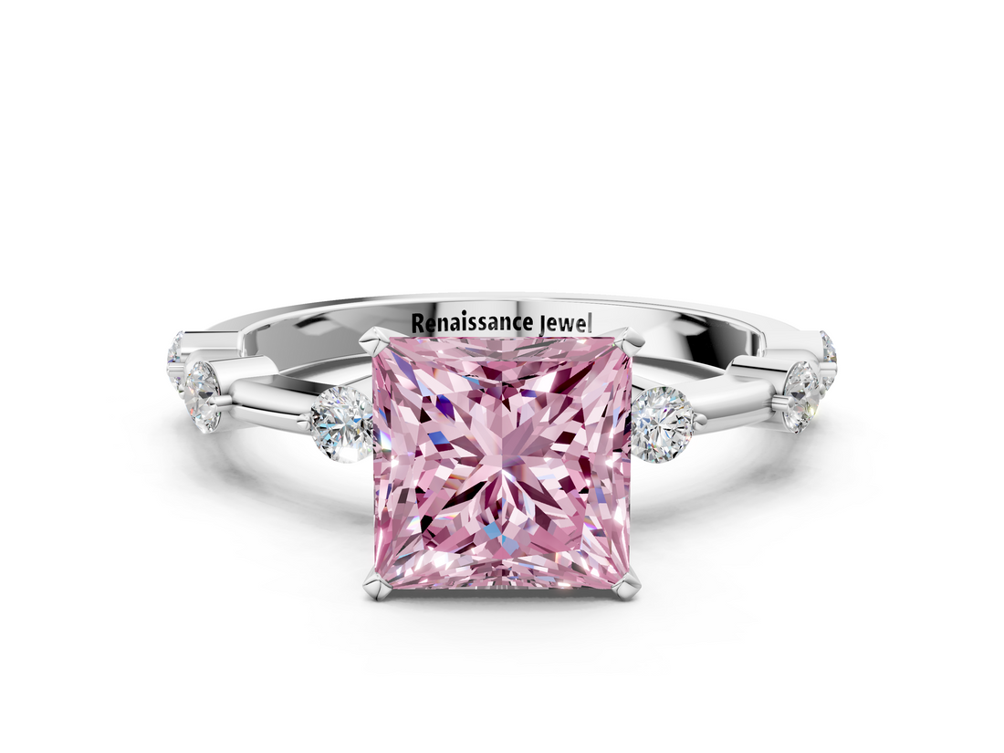 White gold Fancy Pink Princess  Solitaire Diamond Ring with Bezel Set Side Stones and Prong Setting